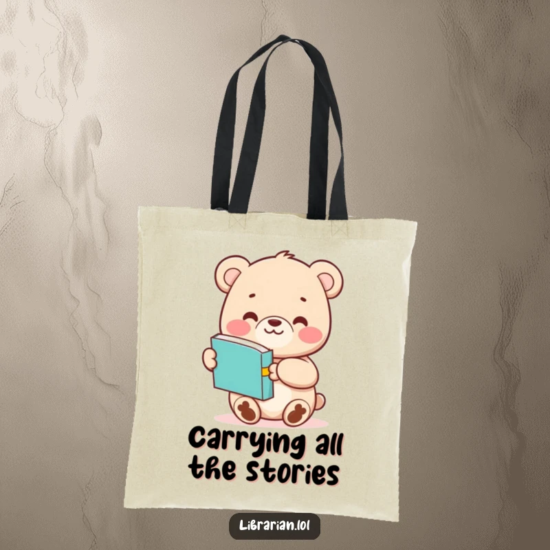 Funny Bear Cub tote bag featuring a cute character smiling and offering a book, great for carrying books and daily essentials.