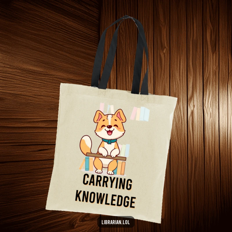 Funny Tote Bag: Happy dog librarian organizing books on a high shelf, tail wagging, perfect for carrying books.