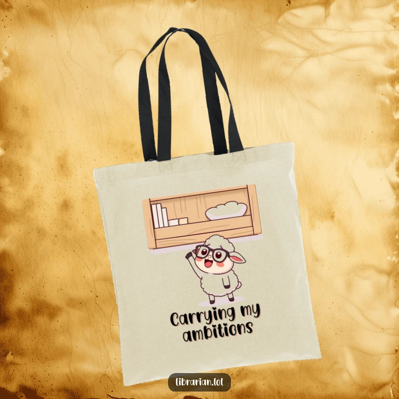 Funny Tote Bag featuring a happy cartoon sheep with glasses, looking up at a high shelf and excitedly reaching, perfect for carrying knowledge.