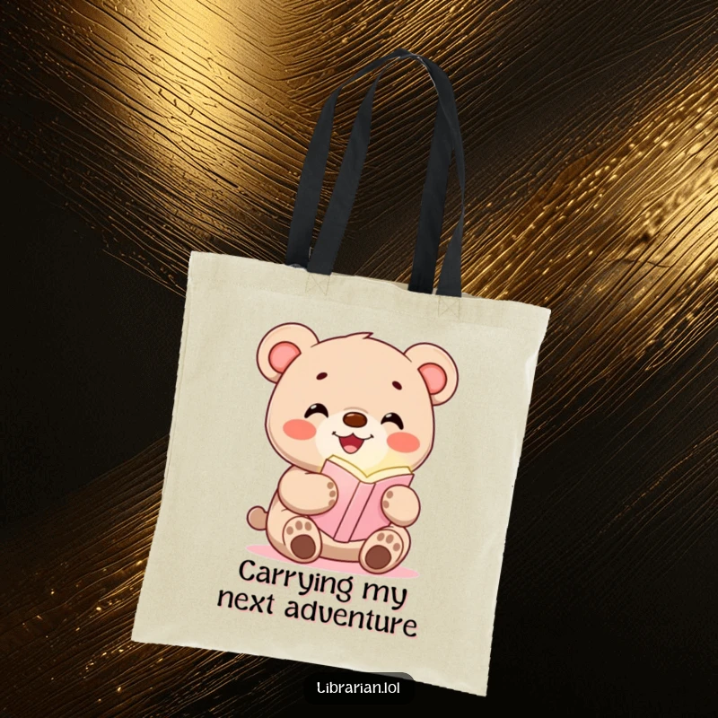 Funny tote bag featuring a smiling bear cub clutching a glowing bookmark, a practical yet cheerful accessory.