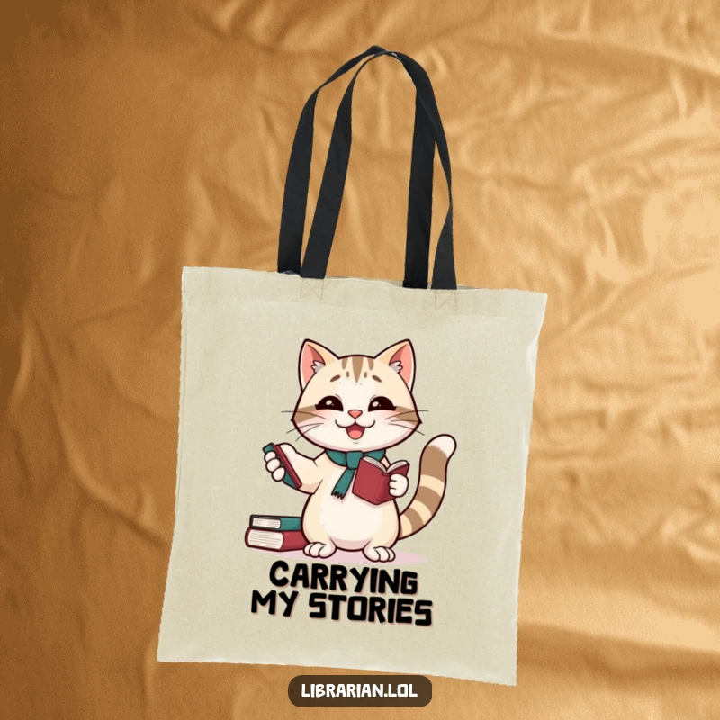 Funny tote bag: A giggling cat librarian stacks books precariously, making it a great funny gift accessory.