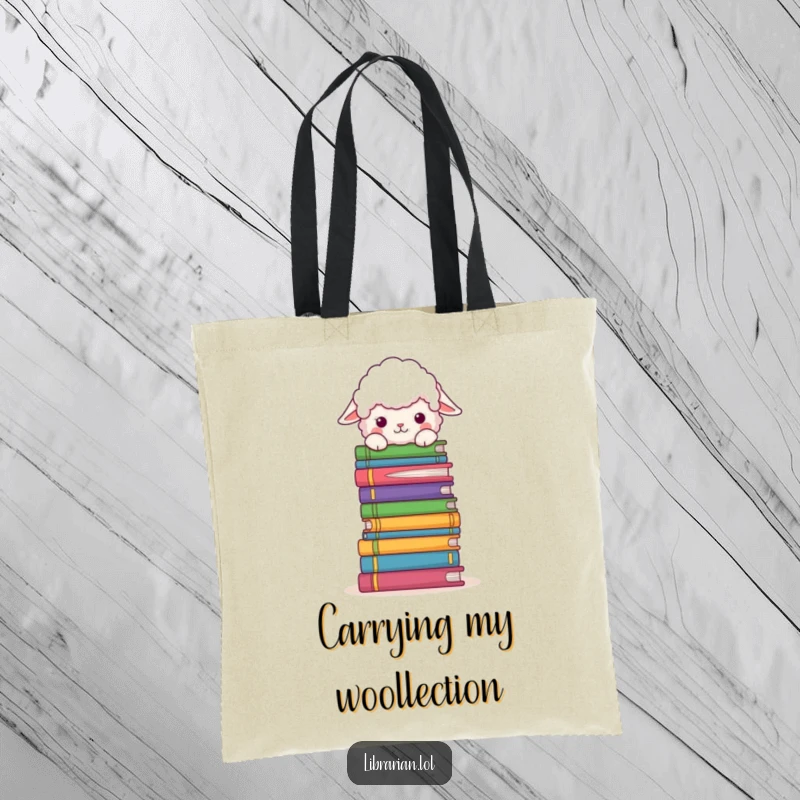 Funny Tote Bag: A charming fluffy sheep curiously observes the world from atop a tall stack of books.