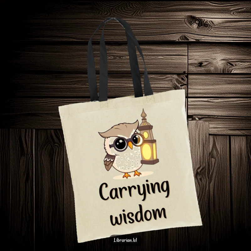 Funny Tote Bag: A curious owl in spectacles studies a magical, glowing ancient tome.