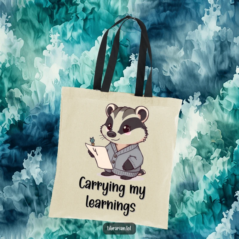 Funny badger in a cardigan, determinedly pointing to a page with a quill. Humorous tote bag, perfect funny gift.