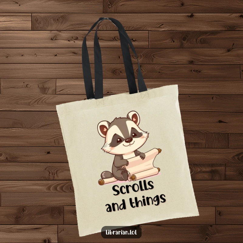 Funny determined badger efficiently organizing scrolls with focused joy on a durable tote bag.