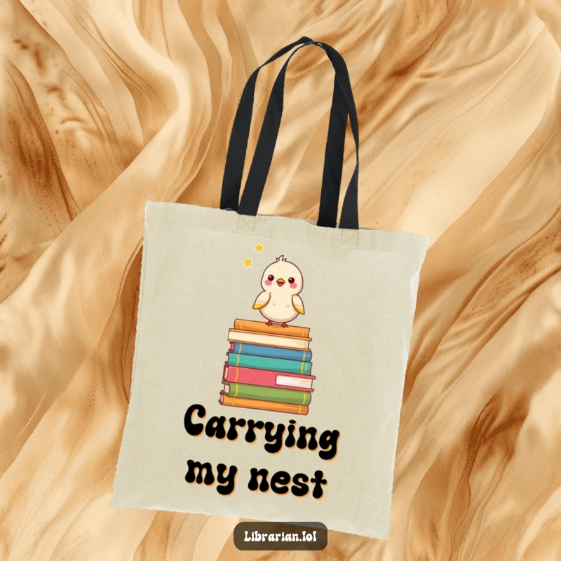 Funny tote bag with a happy bird chirping on a stack of books, perfect for carrying reading materials.