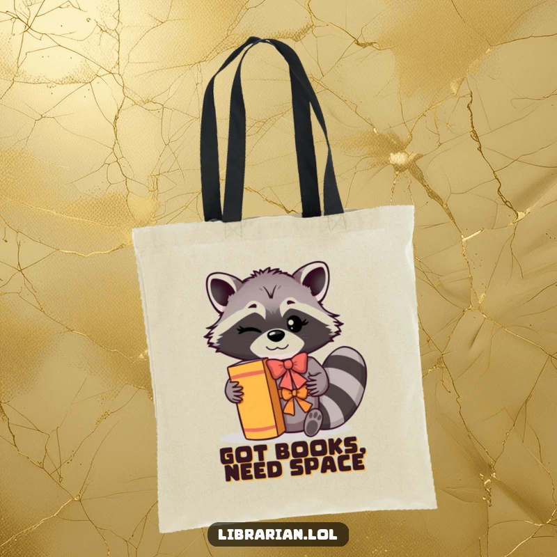 Funny Tote Bag: A winking raccoon with a cheerful bow shelves books with a flourish, perfect for carrying literary treasures.
