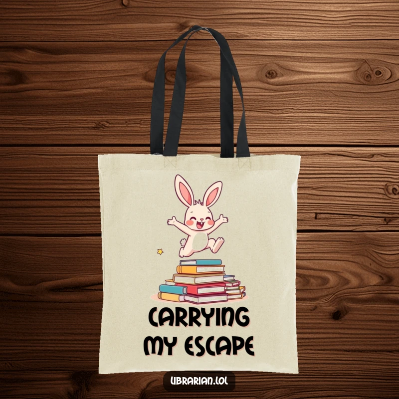 Funny Bunny Tote Bag: An energetic bunny leaping over overdue books, a playful symbol for book lovers and busy readers.