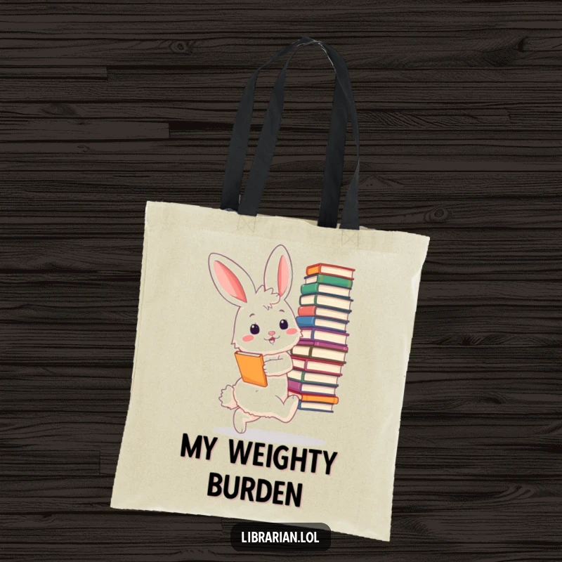 Funny bunny librarian tote bag, durable and practical, a fluffy bunny tiptoeing with a large stack of books, looking very pleased.