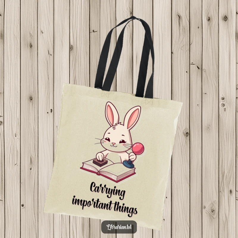 Funny determined bunny stamping a book with a stamp pad, printed on a durable tote bag for organized book lovers.