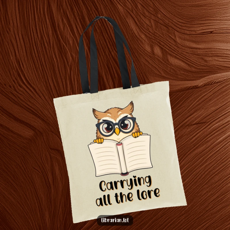 Funny curious owl with spectacles peeking over a massive book, printed on a durable tote bag for bookworms.