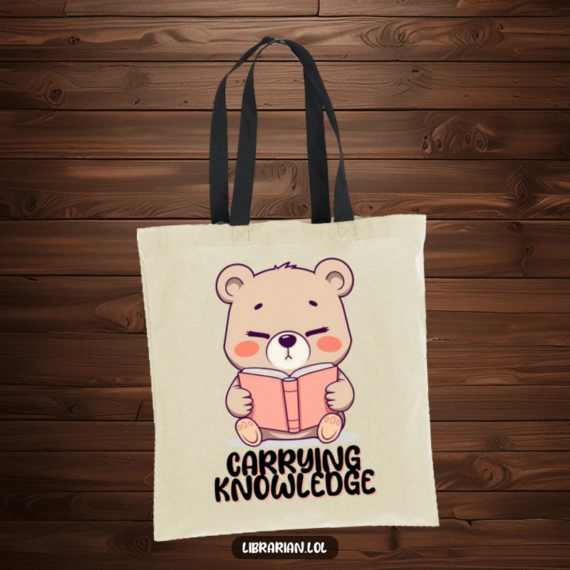 Funny determined bear offering a book with a knowing wink, a humorous and practical tote bag for book lovers and avid readers.