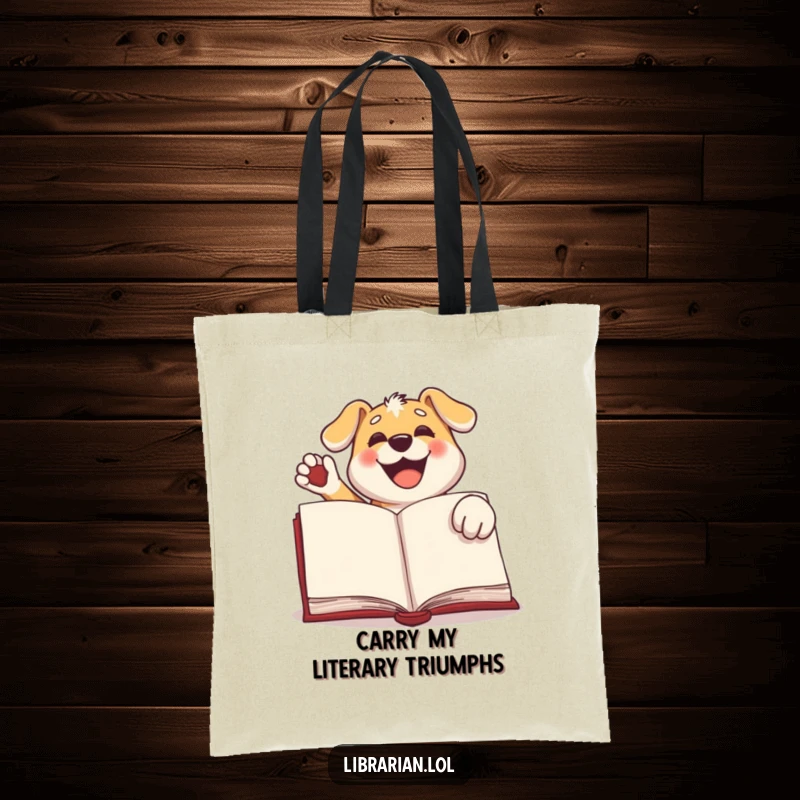 Funny dog tote bag, a happy dog stamping a large book with its paw, perfect for carrying essentials and showing pet love.