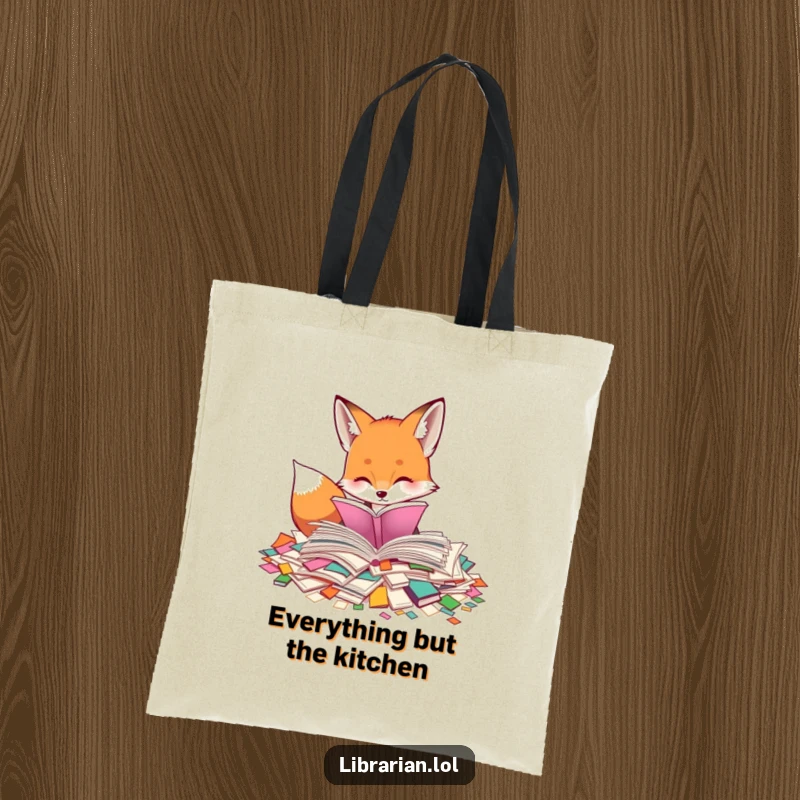 Funny tote bag with a curious fox sorting through a pile of colorful, scattered pages. Great for carrying books and essentials.