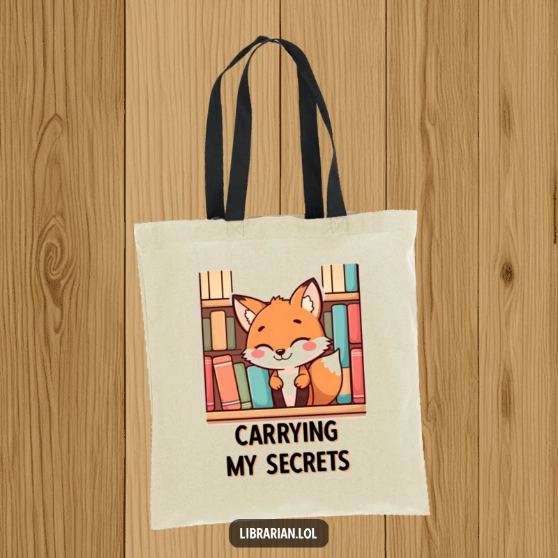 Funny playful fox with a mischievous grin peeking from behind a bookshelf, printed on a durable tote bag.