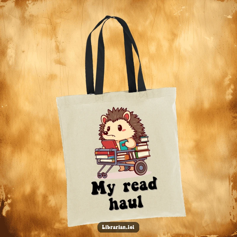 Funny Tote Bag: Determined hedgehog librarian pushing a cart overflowing with books, looking focused, perfect for books.