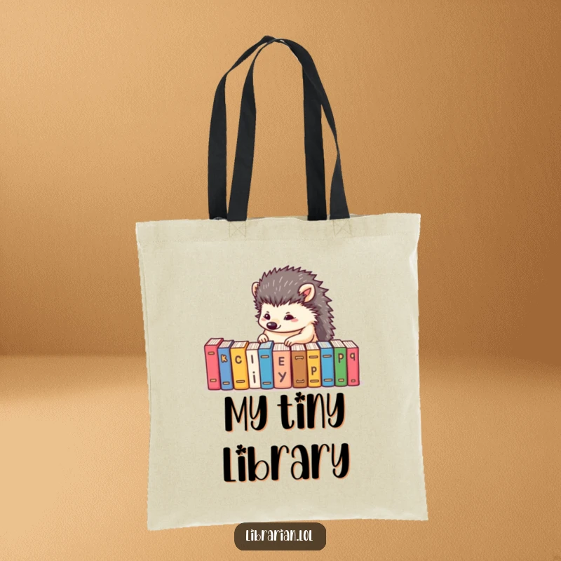Funny tote bag with a determined hedgehog meticulously alphabetizing tiny books, perfect for organized carrying.