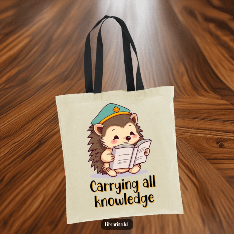 Funny hedgehog in a scholar's cap, reading a colossal book, printed on a durable tote bag, a humorous accessory for book lovers.