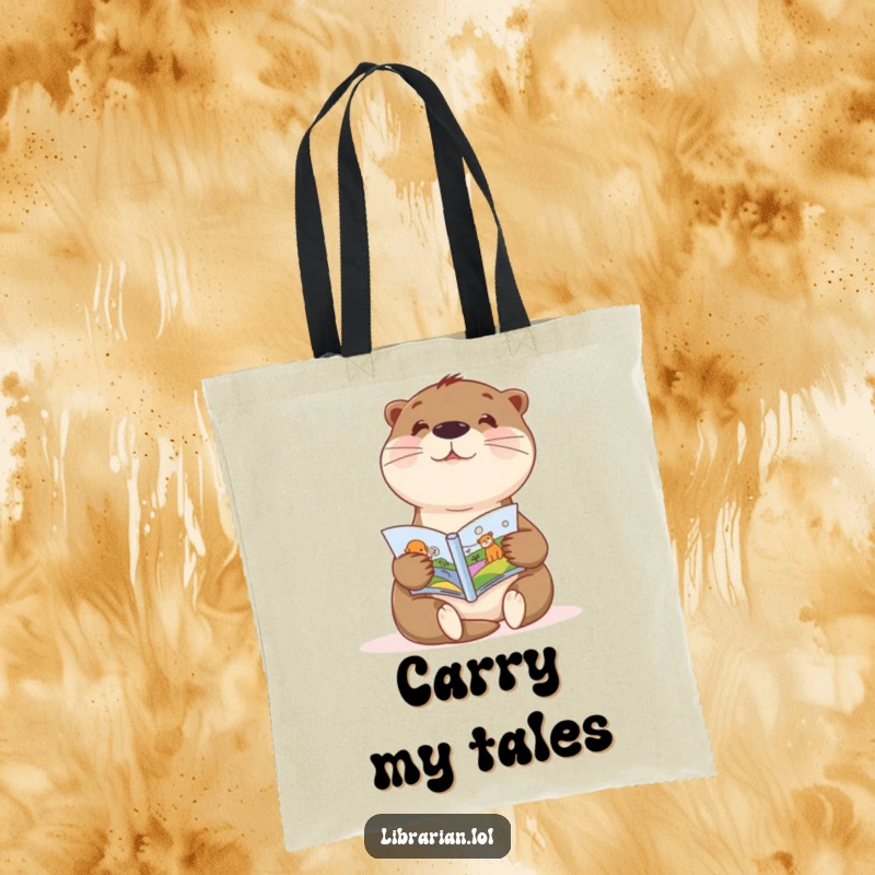 Funny tote bag with a sweet otter enthusiastically showing a picture book, ideal for carrying books and toys.