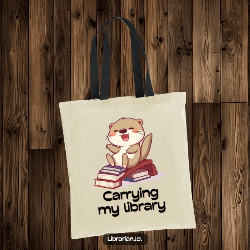 Funny joyful otter sliding down a ramp of books on a tote bag, a practical and humorous accessory for readers.
