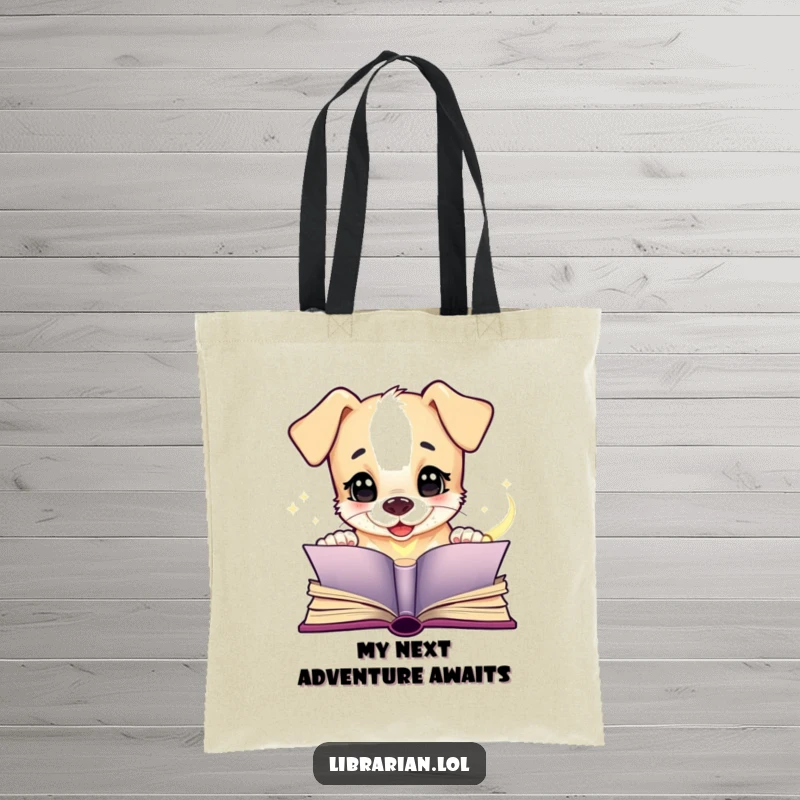 Funny puppy tote bag, giggling at a magical book, a humorous and stylish way to carry books and essentials.