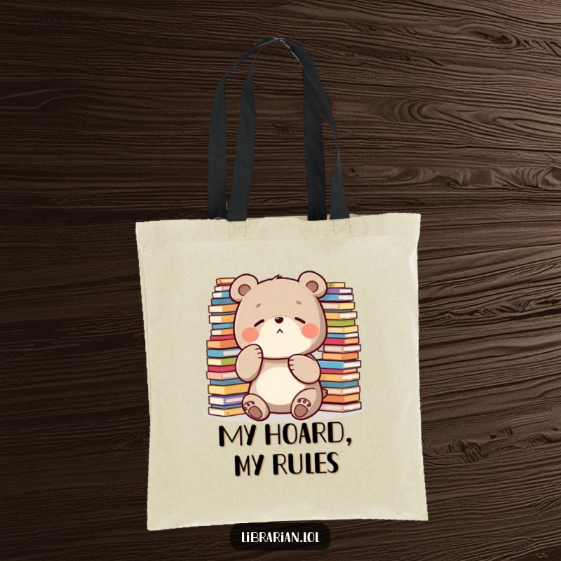 Funny Tote Bag: A diligent bear shushes with its paw amidst towering stacks, perfect for carrying items and demanding quiet.