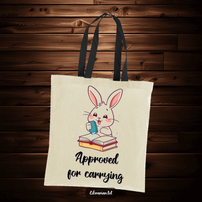 Funny cheerful rabbit enthusiastically stamping books with a rubber stamp, on a durable tote bag.