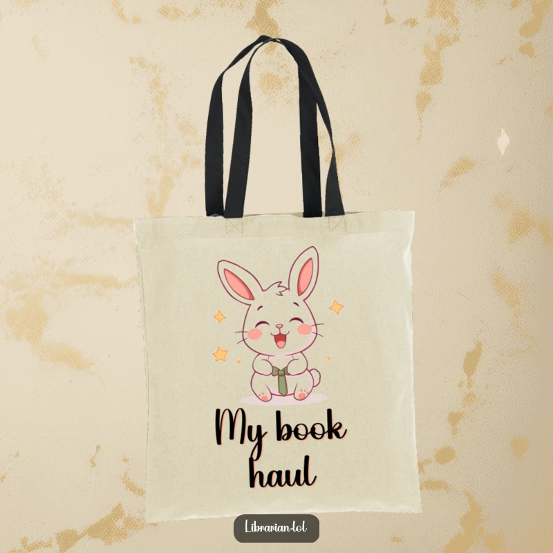 Funny delighted rabbit stamping books with a happy, energetic flourish on a durable tote bag.