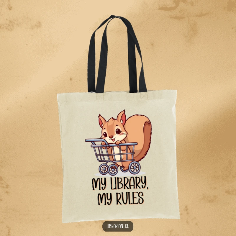Funny tote bag showcasing a mischievous squirrel peeking out from a book cart. Practical and humorous accessory for carrying books.