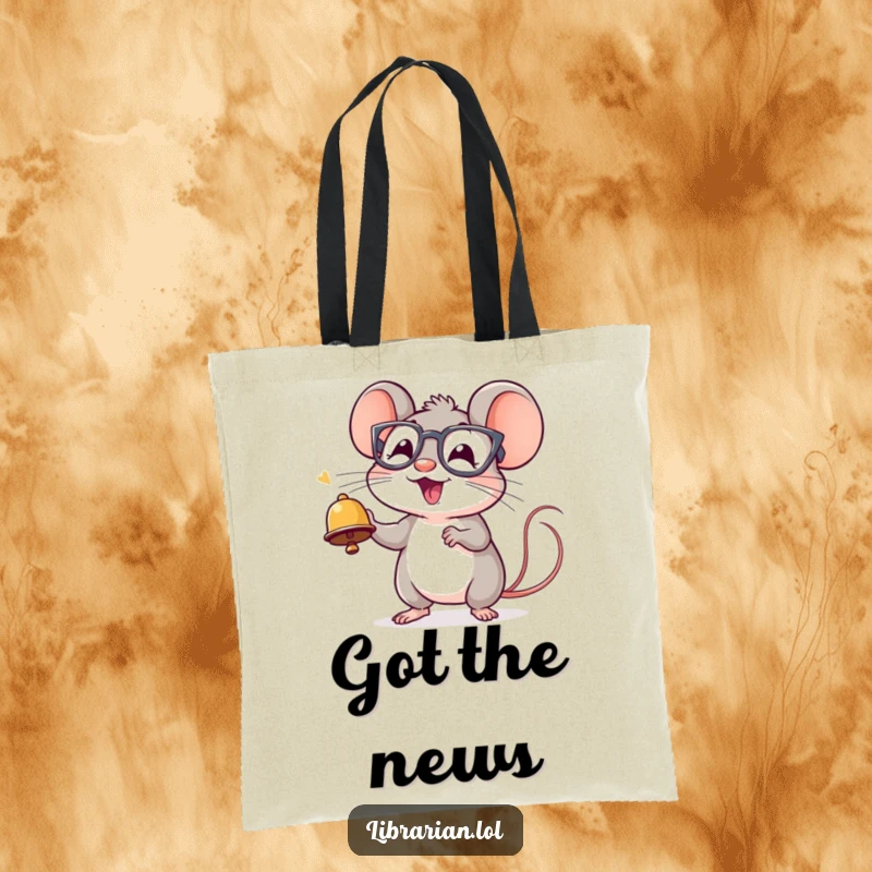 Funny tote bag with a small, cheerful mouse in spectacles ringing a tiny bell with loads of excitement.