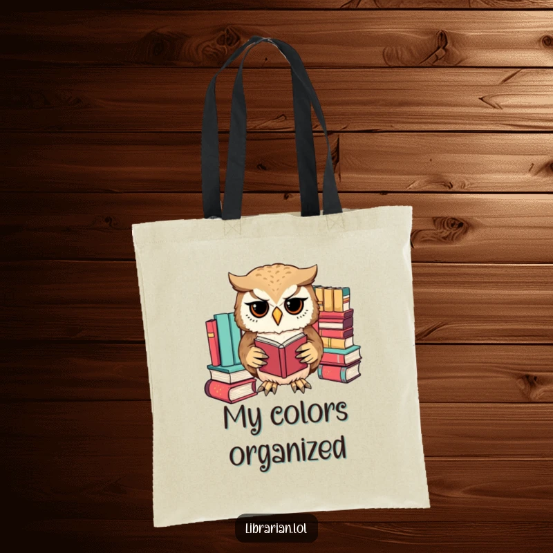Funny owl meticulously sorting books by color with its paws, a practical and funny tote bag for organized people.