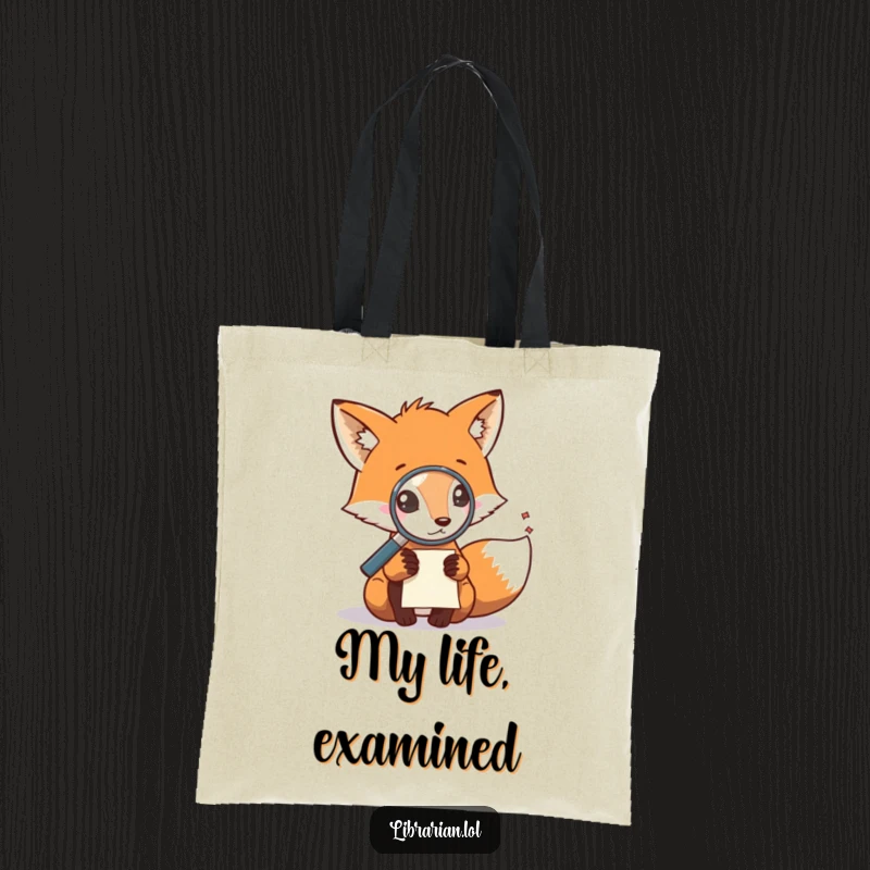 Funny tote bag showing a fox with a magnifying glass examining a tiny note, ideal for carrying essentials.