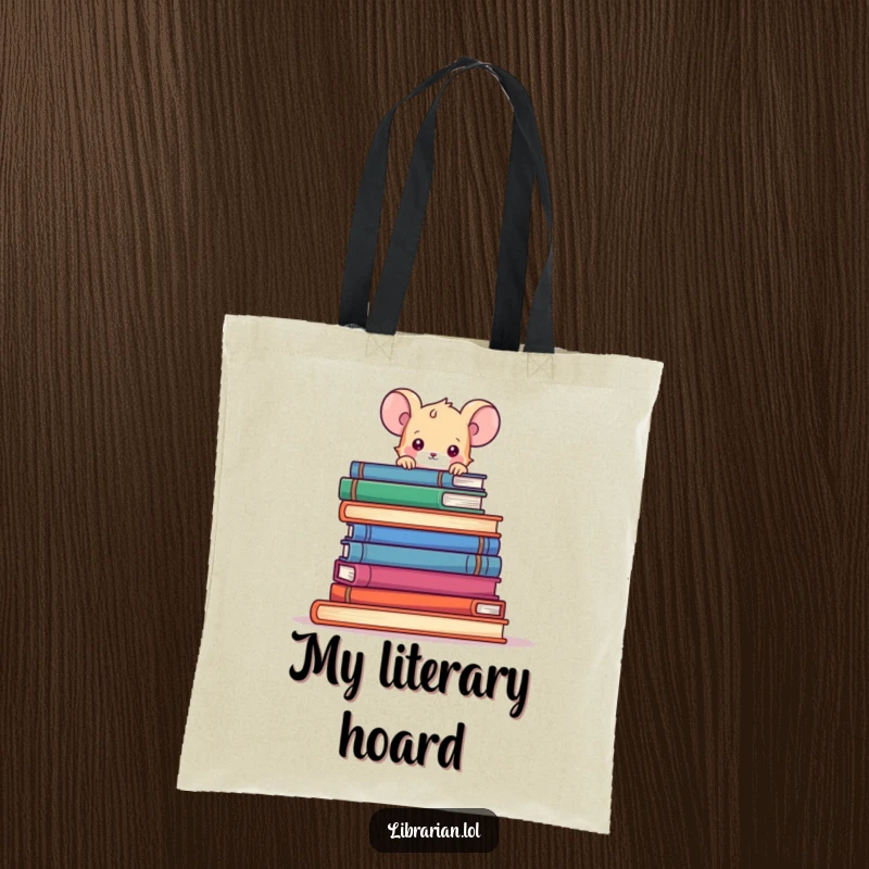 Funny cartoon mouse peeking curiously over a mountain of books, on a durable and stylish tote bag.