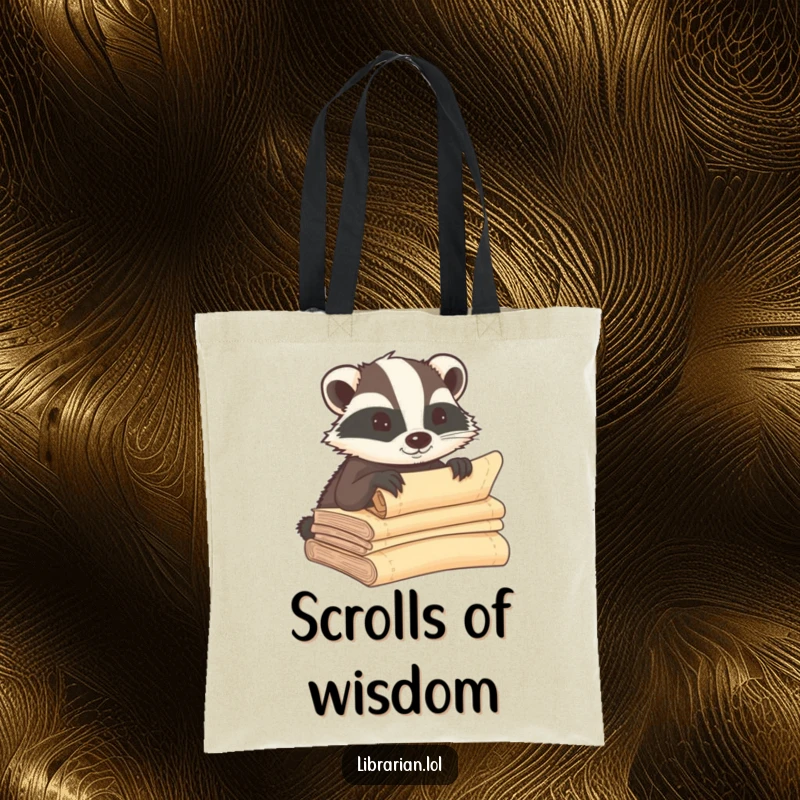 Funny badger tote bag, whispering secrets into ancient scrolls, a humorous and practical accessory for carrying knowledge.