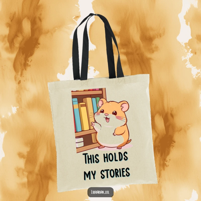 Funny Tote Bag: Happy hamster points at a bookshelf, humorously guiding you to your next great read.